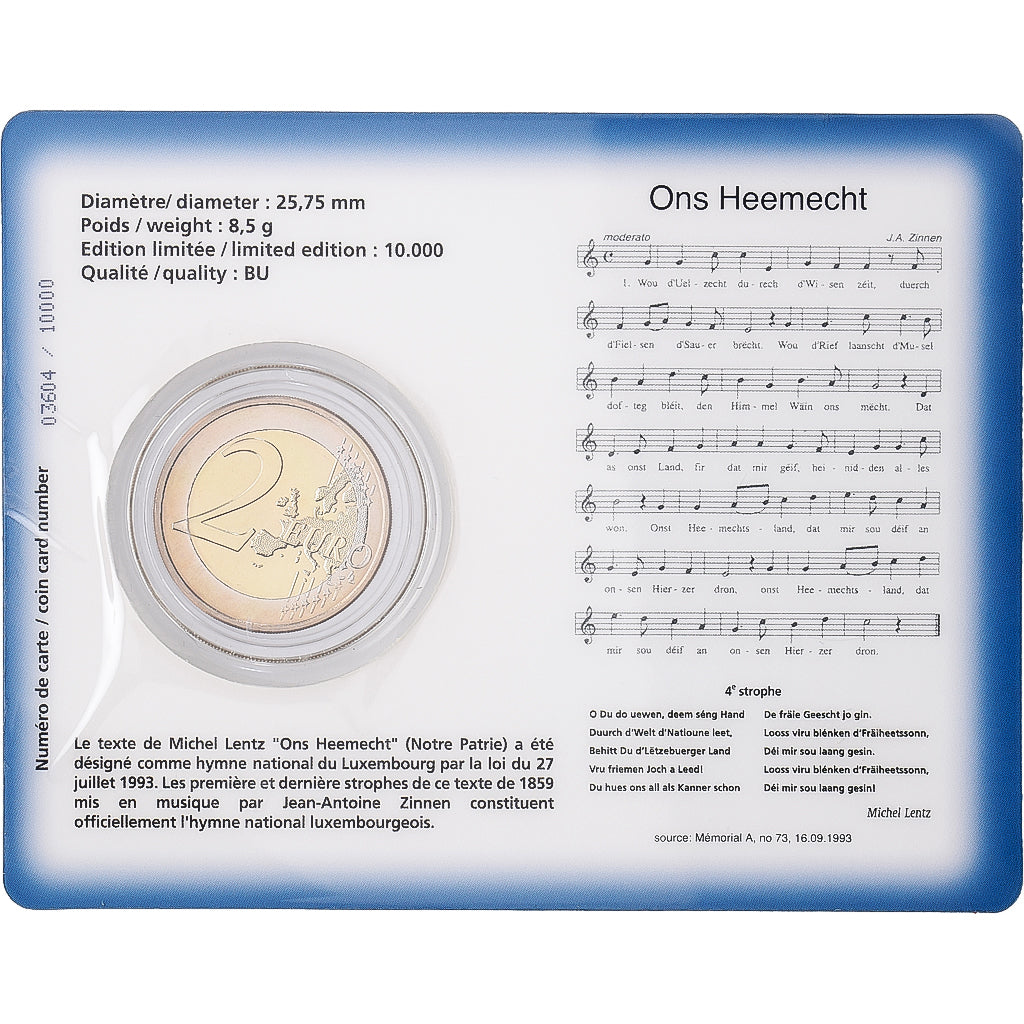 Luksemburg, 2 Euro, National Anthem, BU, 2013, Royal Dutch Mint, Bimetaliczny