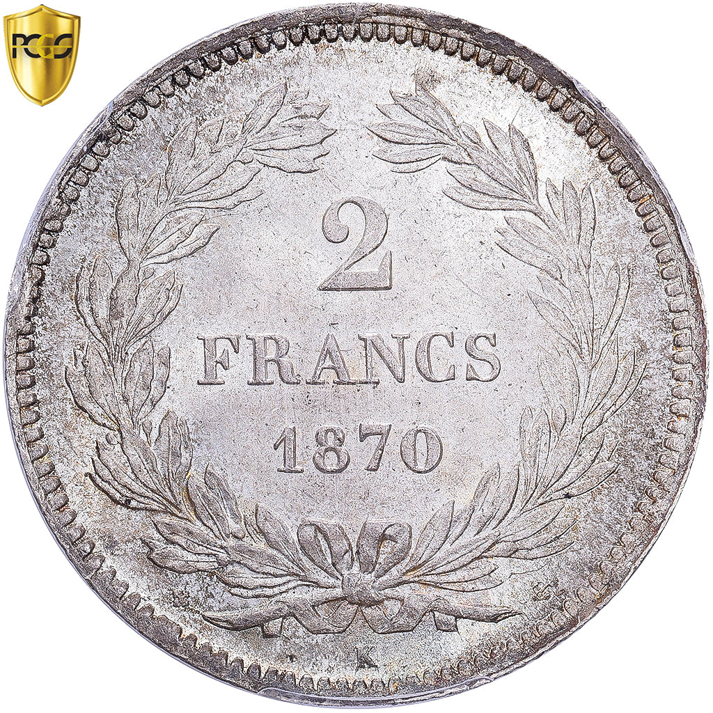 Frankrijk, 2 Francs, Cérès, 1870, Bordeaux, ancre, Zilver, PCGS, MS66