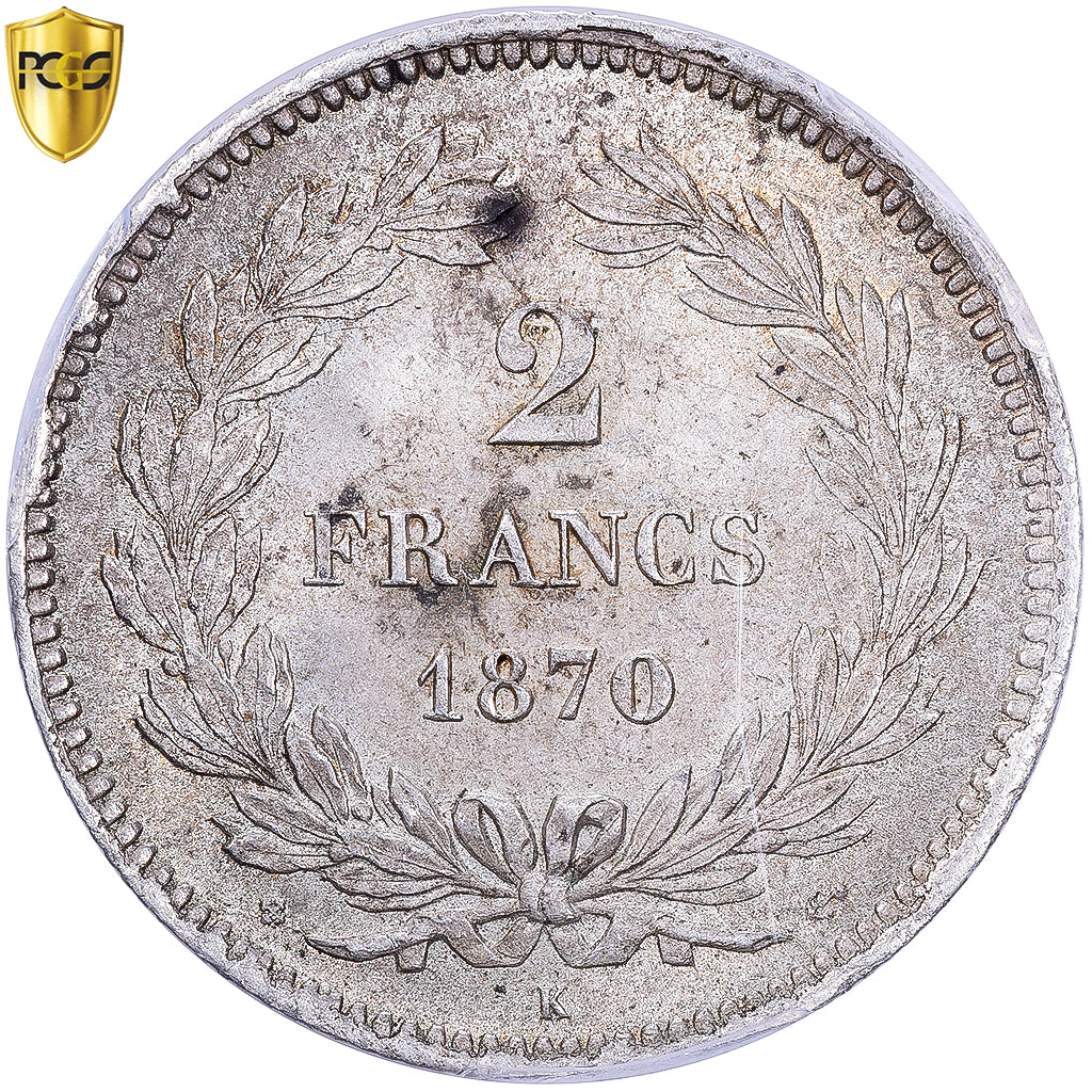 França, 2 Francs, Cérès, 1870, Bordeaux, ancre, Prata, PCGS, MS63