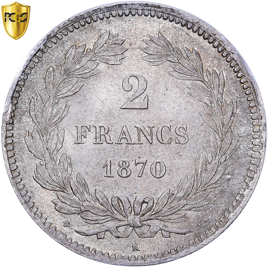 França, 2 Francs, Cérès, 1870, Bordeaux, ancre, Prata, PCGS, MS65