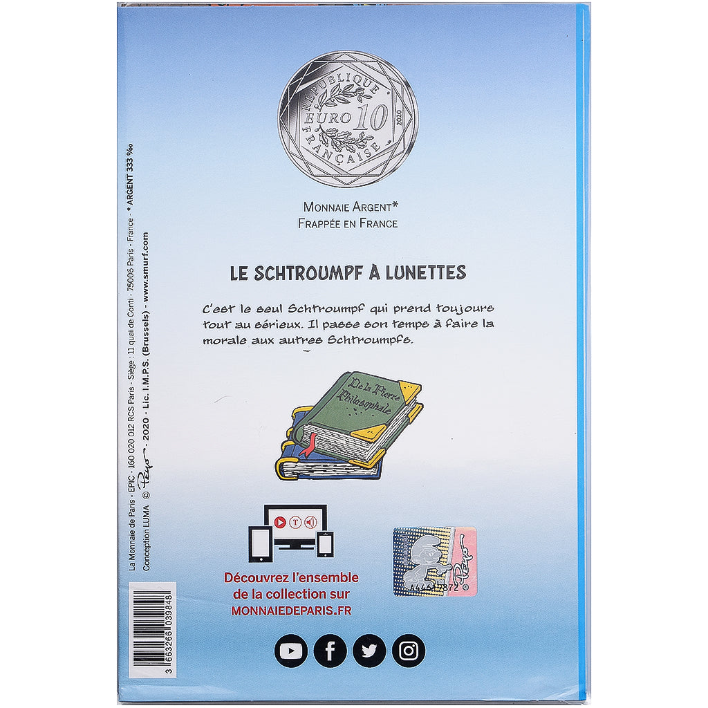 France, 10 Euro, Le Schtroumpf à Lunettes (2/20), 2020, MDP, Silver, MS(65-70)