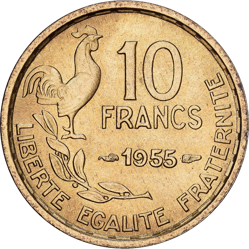 França, 10 Francs, Guiraud, 1955, MDP, Alumínio-Bronze, AU(55-58), KM:915
