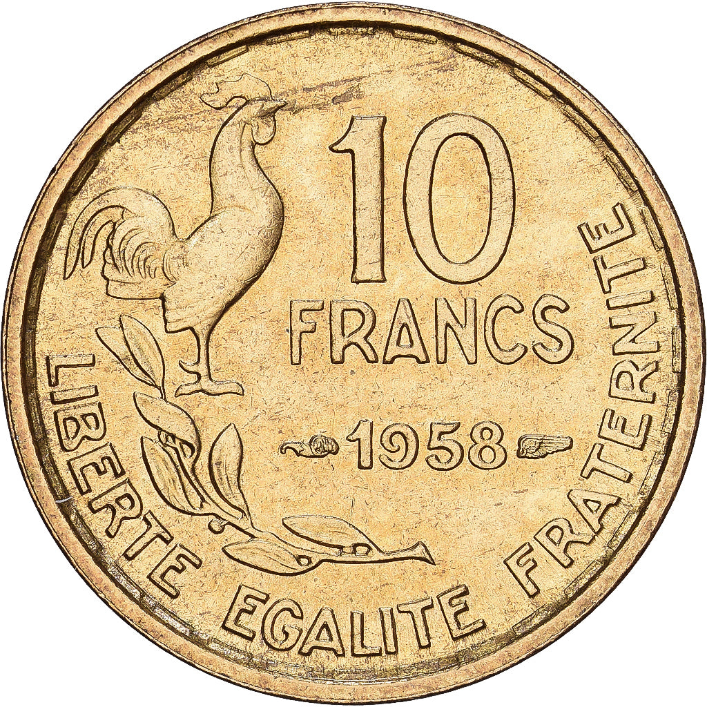 França, 10 Francs, Guiraud, 1958, MDP, Alumínio-Bronze, AU(55-58), KM:915