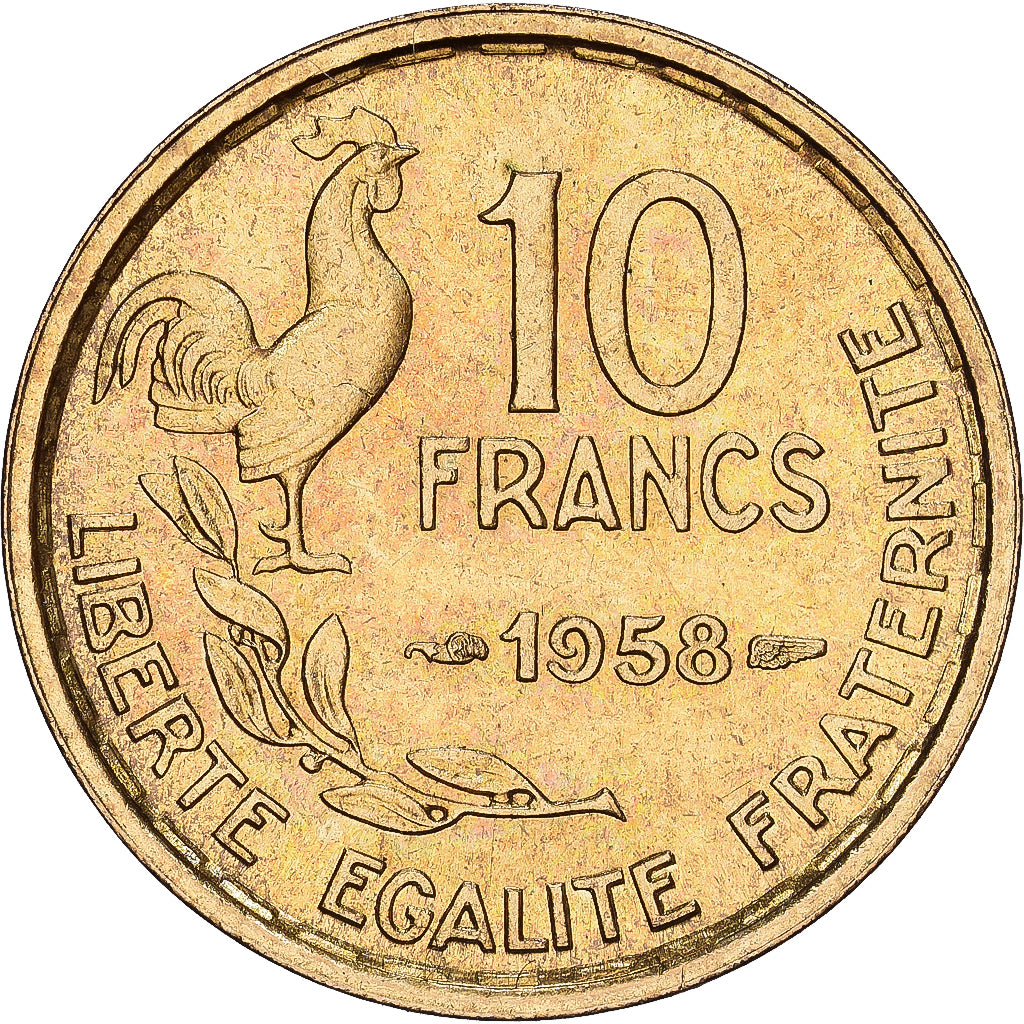 França, 10 Francs, Guiraud, 1958, MDP, Alumínio-Bronze, AU(55-58), KM:915