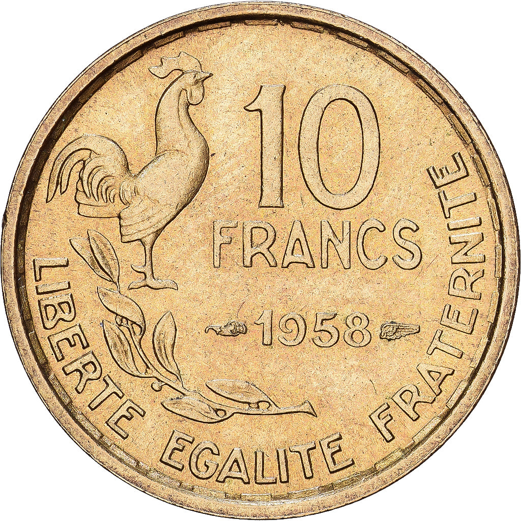 França, 10 Francs, Guiraud, 1958, MDP, Alumínio-Bronze, AU(55-58), KM:915