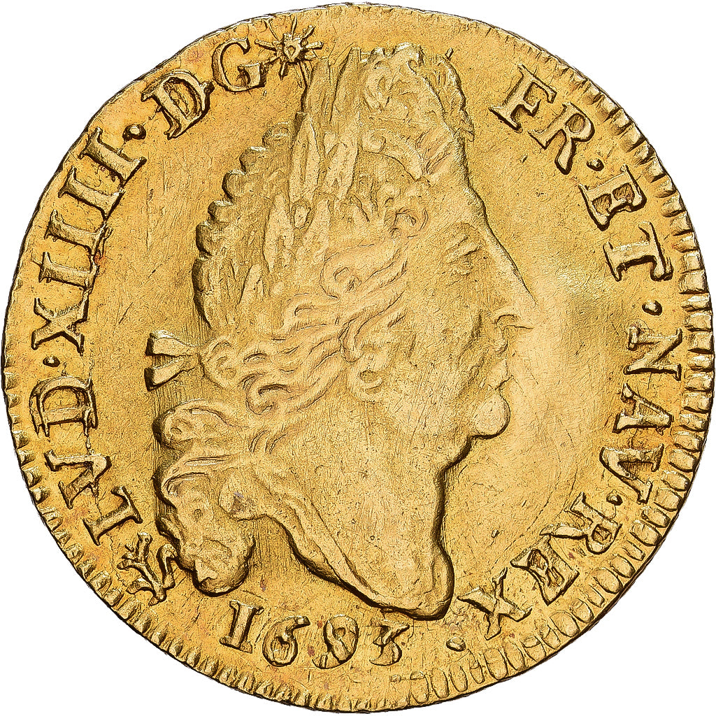 France, Louis XIV, Louis d'or aux 4 L, 1693, Rennes, réformé, Gold, AU(50-53)