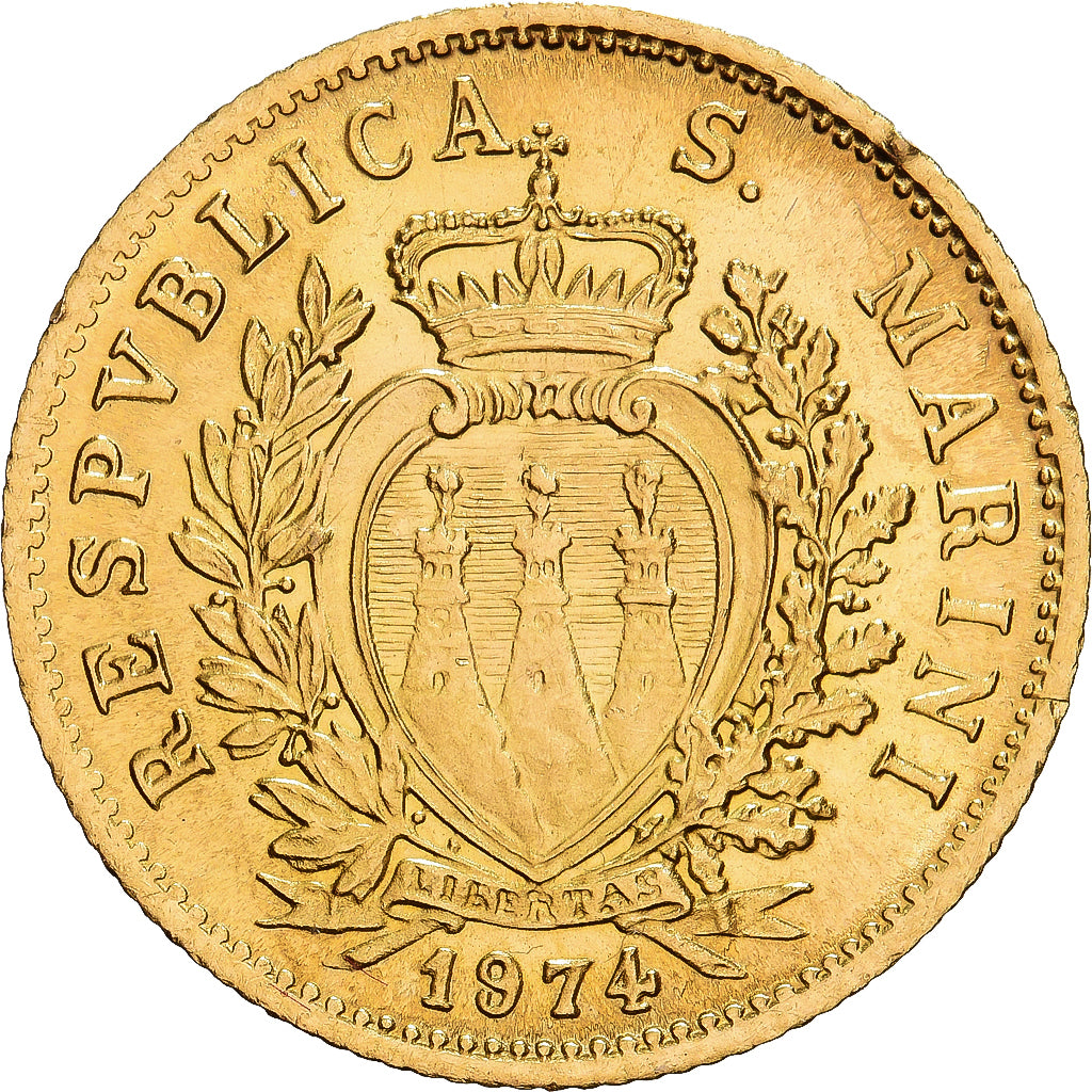 San Marino, Scudo, 1974, Rome, Gold, AU(55-58), KM:38