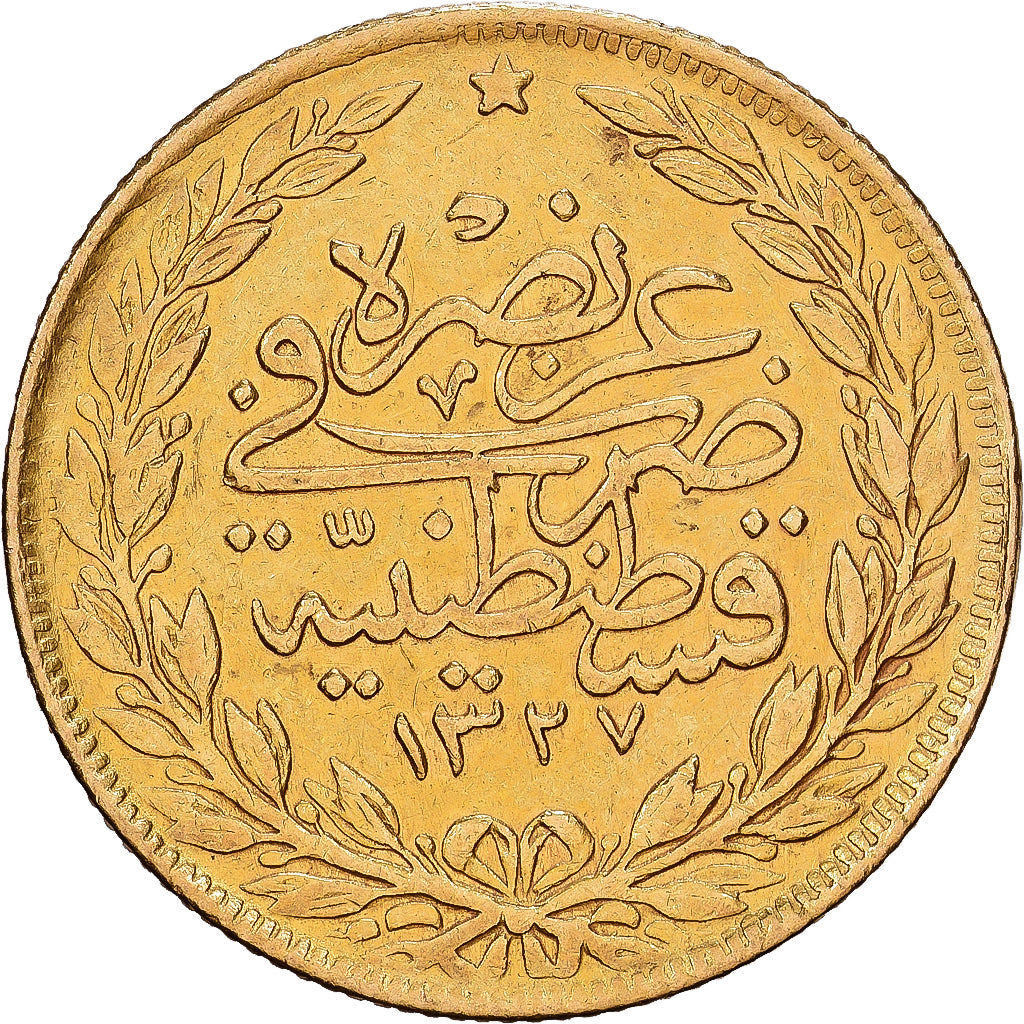 Ottoman Empire, Mehmed V, 100 Kurush, 1909/AH1327, Constantinople, Oro, MB+