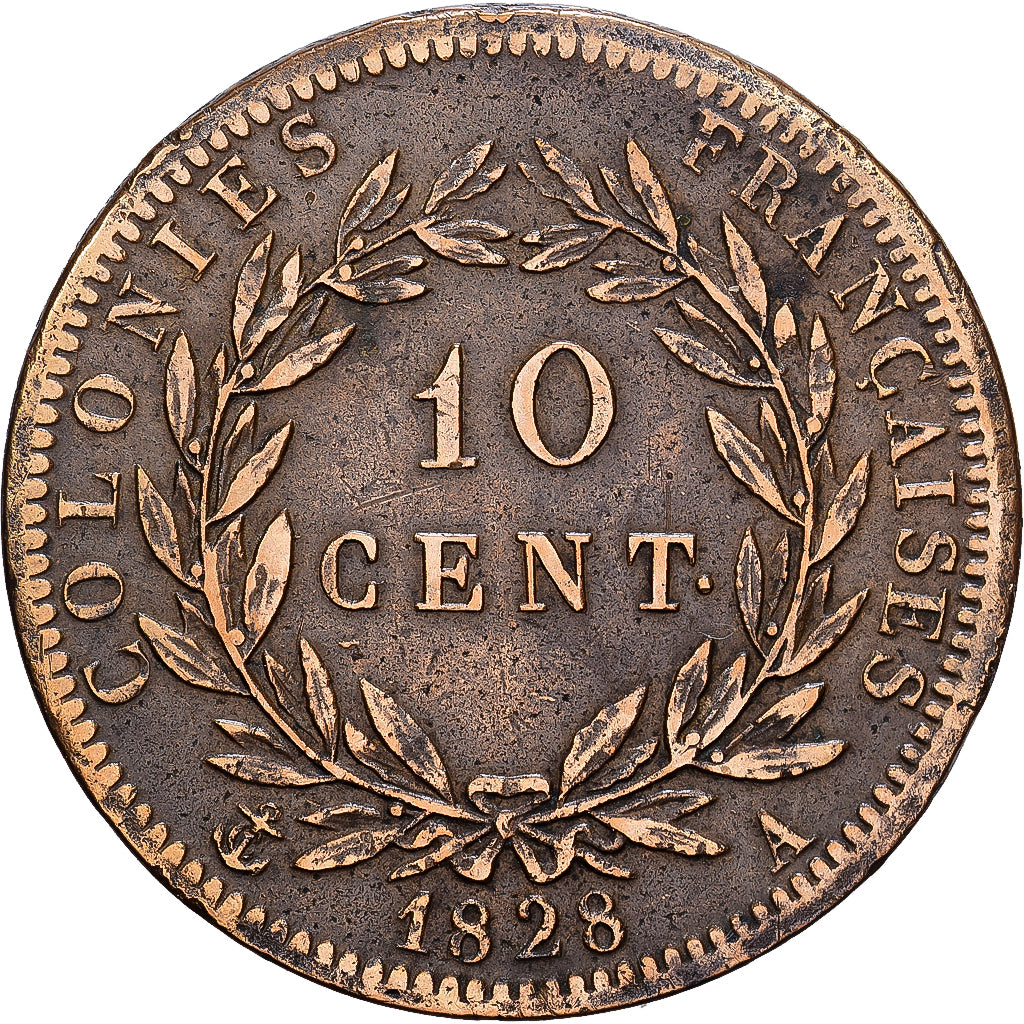 Franse koloniën, Charles X, 10 Centimes, 1828, Paris, Bronzen, ZF, KM:11