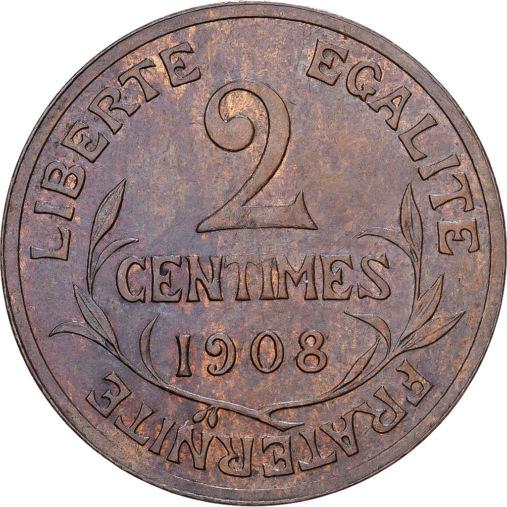 Francia, 2 Centimes, Daniel-Dupuis, 1908, MDP, Bronce, EBC, Gadoury:107