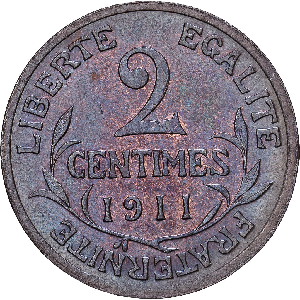 Frankrijk, 2 Centimes, Daniel-Dupuis, 1911, MDP, Bronzen, ZF, Gadoury:107