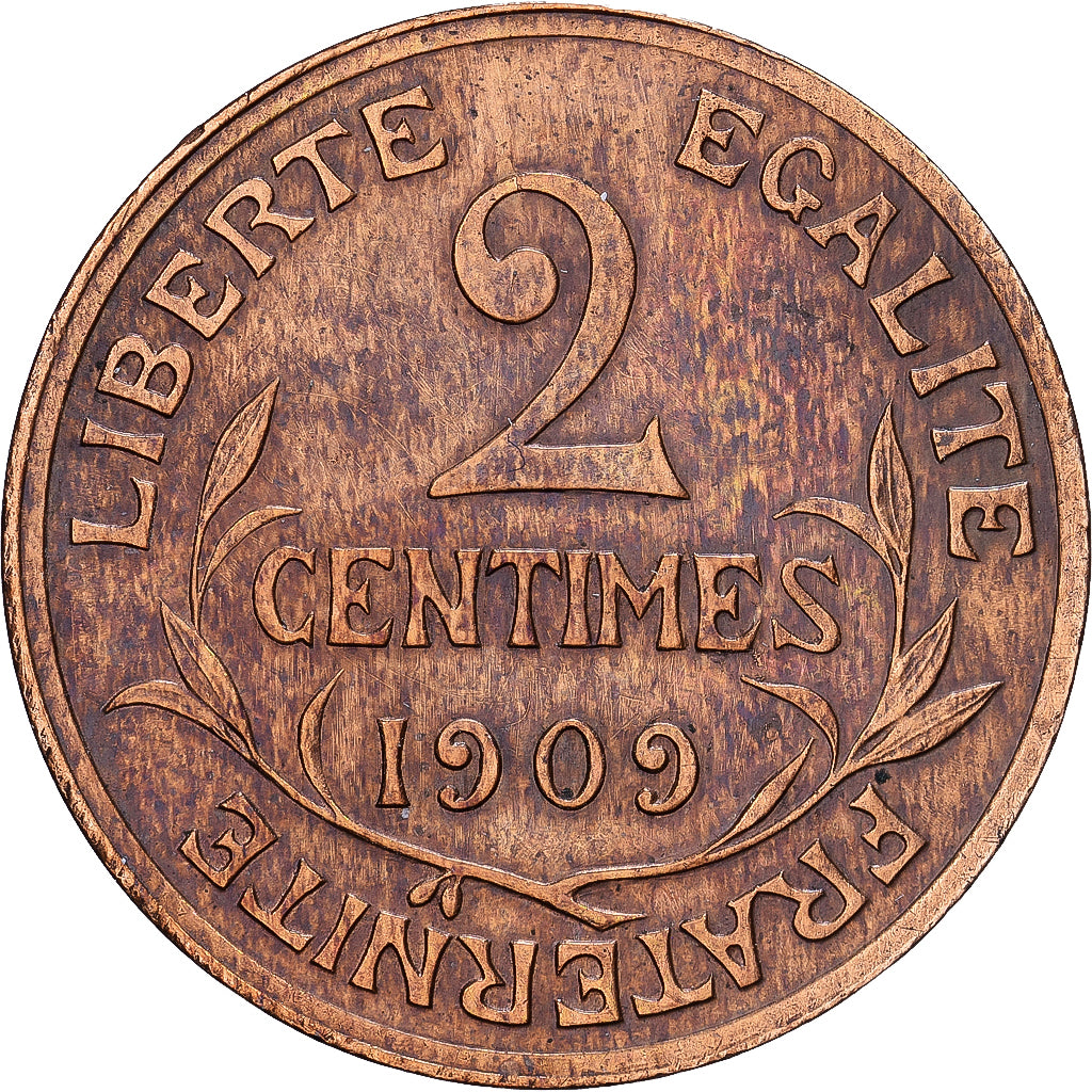 Francia, 2 Centimes, Daniel-Dupuis, 1909, MDP, Bronce, MBC, Gadoury:107