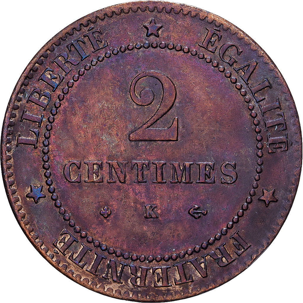 Frankrijk, 2 Centimes, Cérès, 1878, Bordeaux, Petit K, Bronzen, ZF+