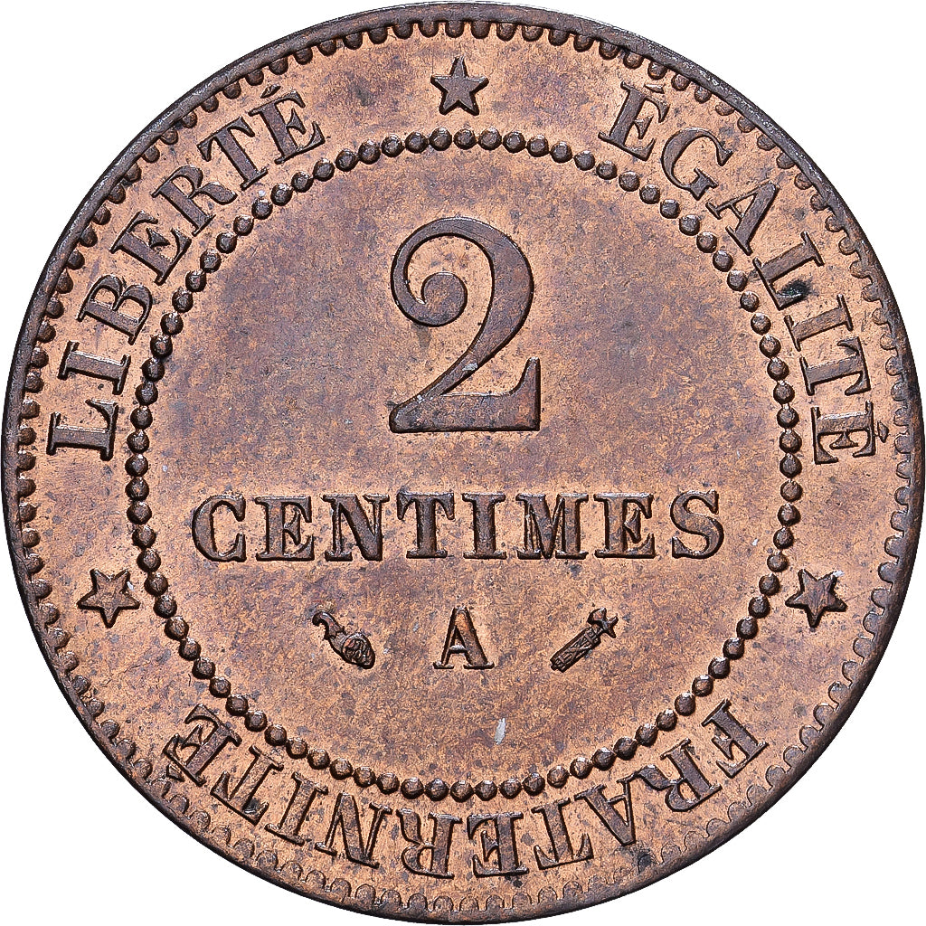 Francia, 2 Centimes, Cérès, 1885, Paris, grand A, Bronce, BC+, Gadoury:105