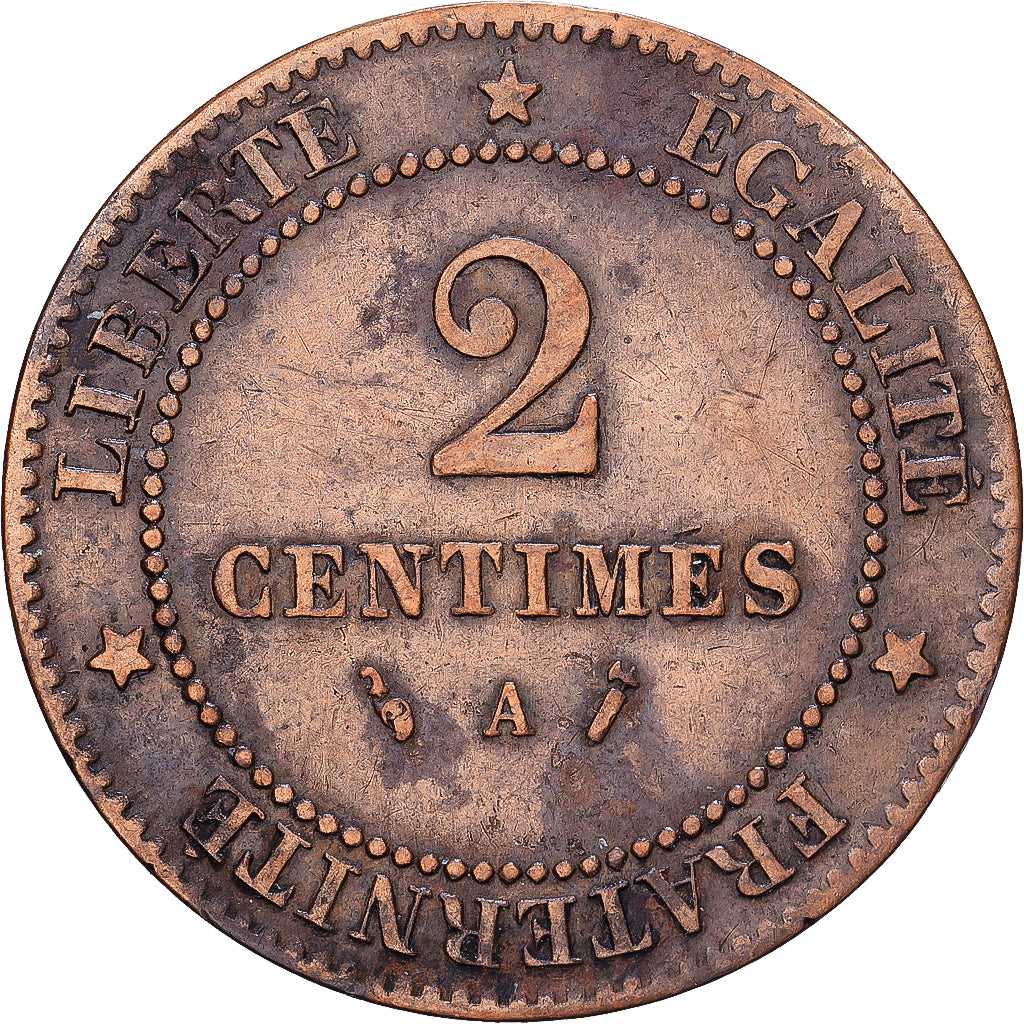 Francia, 2 Centimes, Cérès, 1885, Paris, Petit A, Bronce, BC+, Gadoury:105