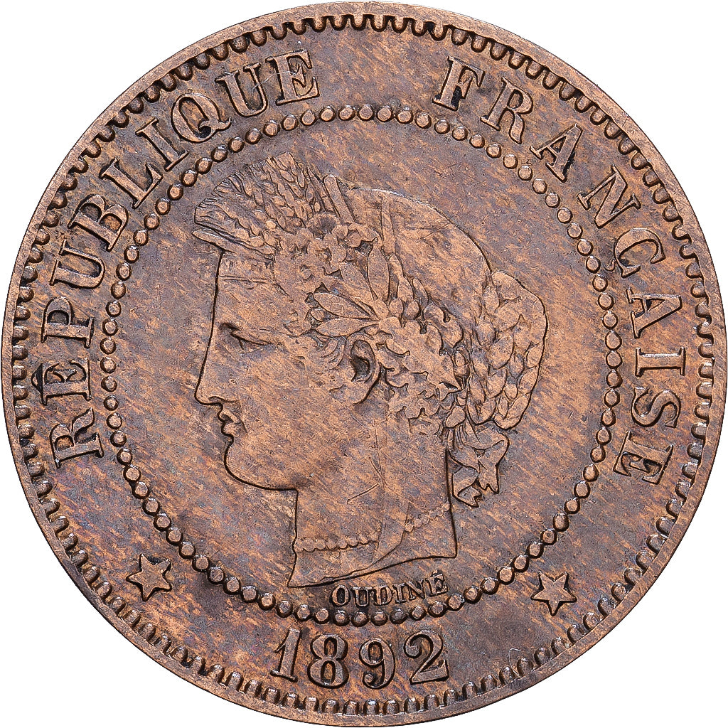 Francia, 2 Centimes, Cérès, 1892, Paris, Bronce, BC+, Gadoury:105