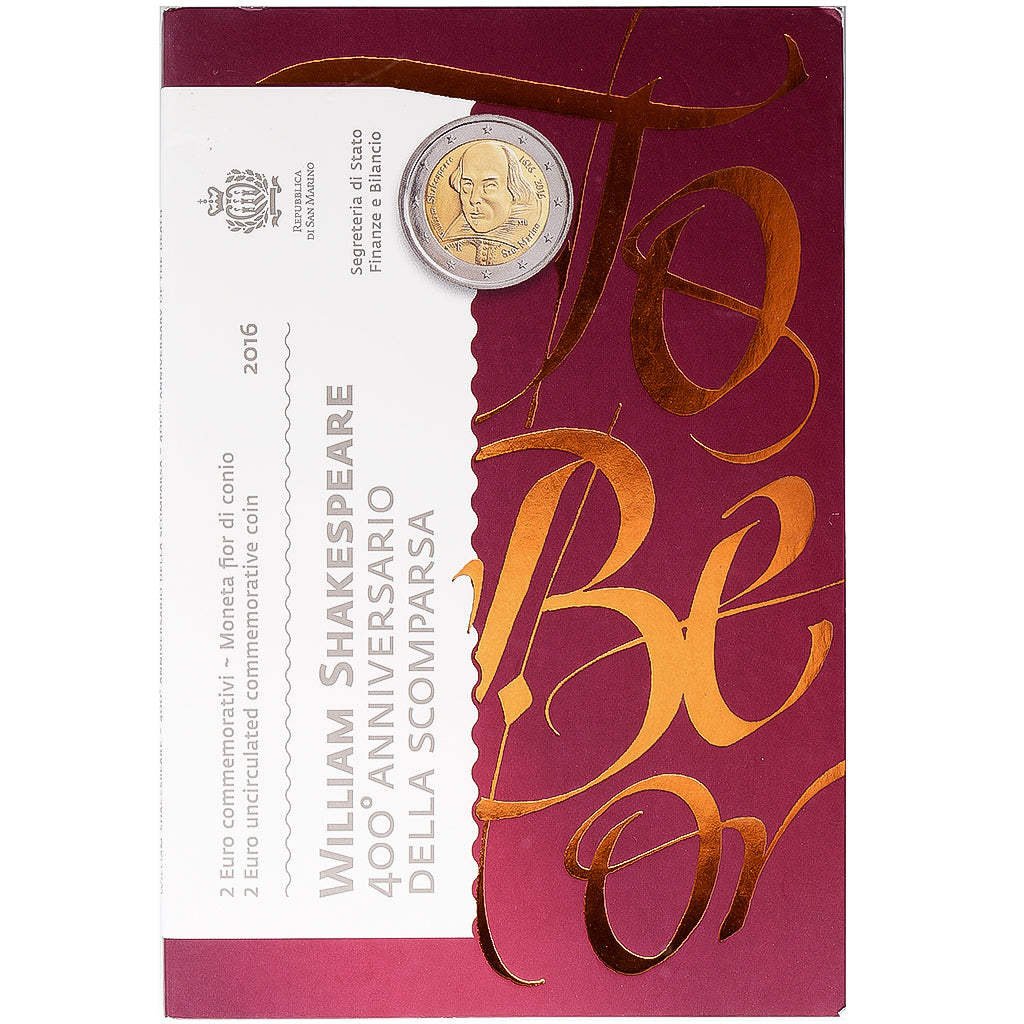 San Marino, 2 Euro, William Shakespeare, 2016, Rome, Bimetálico, FDC, KM:547