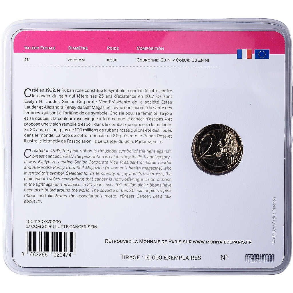 France, 2 Euro, Breast cancer, 2017, MDP, Bi-Metallic, MS(65-70)
