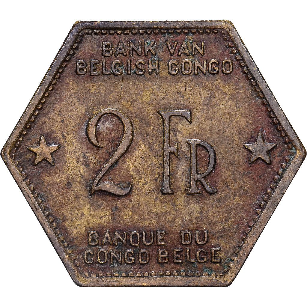 Congo belga, 2 Francs, 1943, Philadelphia, Latón, MBC, KM:25