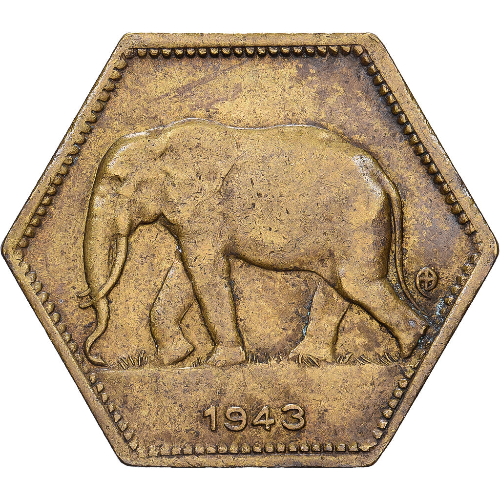 Congo belga, 2 Francs, 1943, Philadelphia, Latón, MBC, KM:25