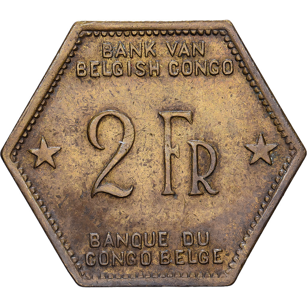 Congo belga, 2 Francs, 1943, Philadelphia, Latón, MBC, KM:25