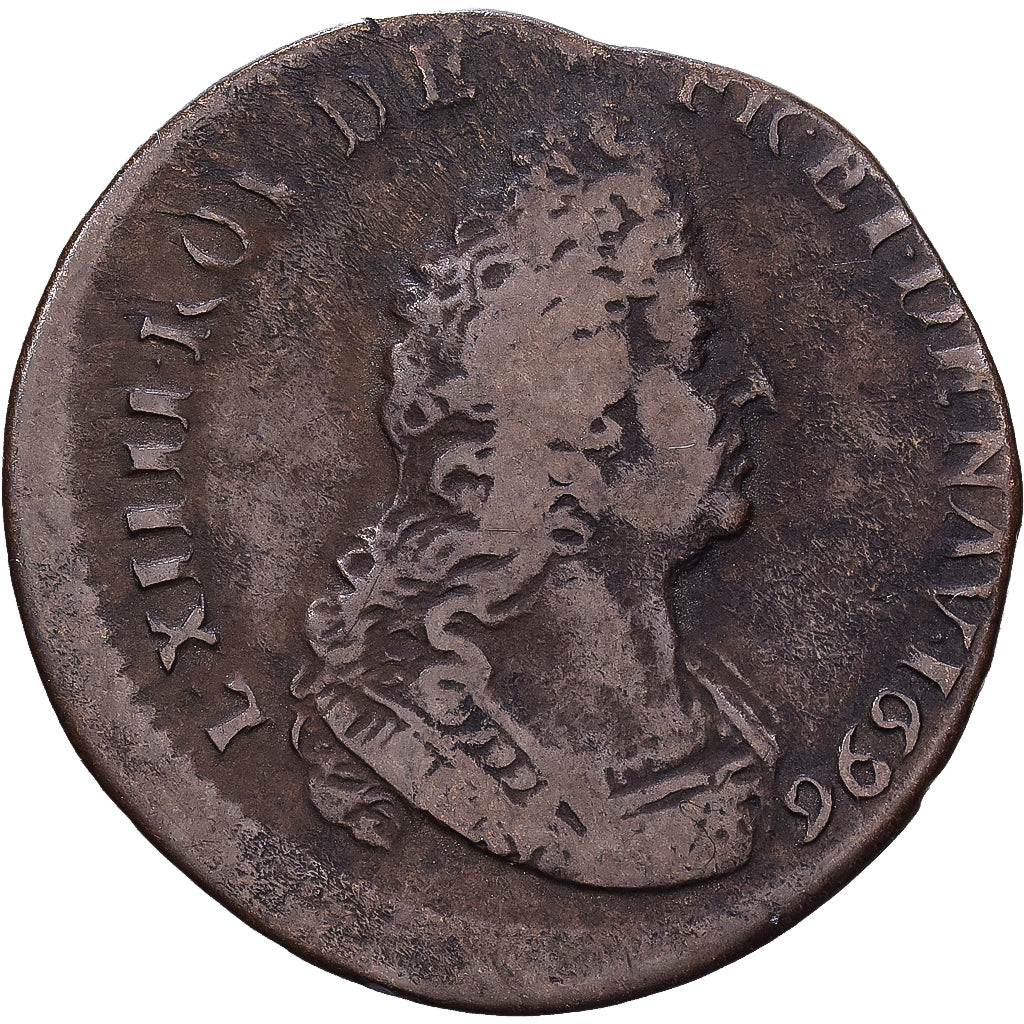 France, Louis XIV, Liard de France, 1696, Lyon, Cuivre, TB+, Gadoury:81