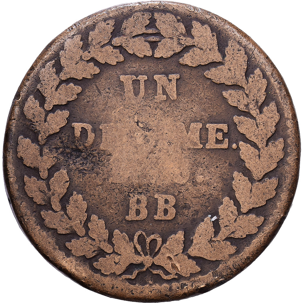 Francja, Louis XVIII, 1 Décime, 1815, Strasbourg, Miedź, F(12-15)