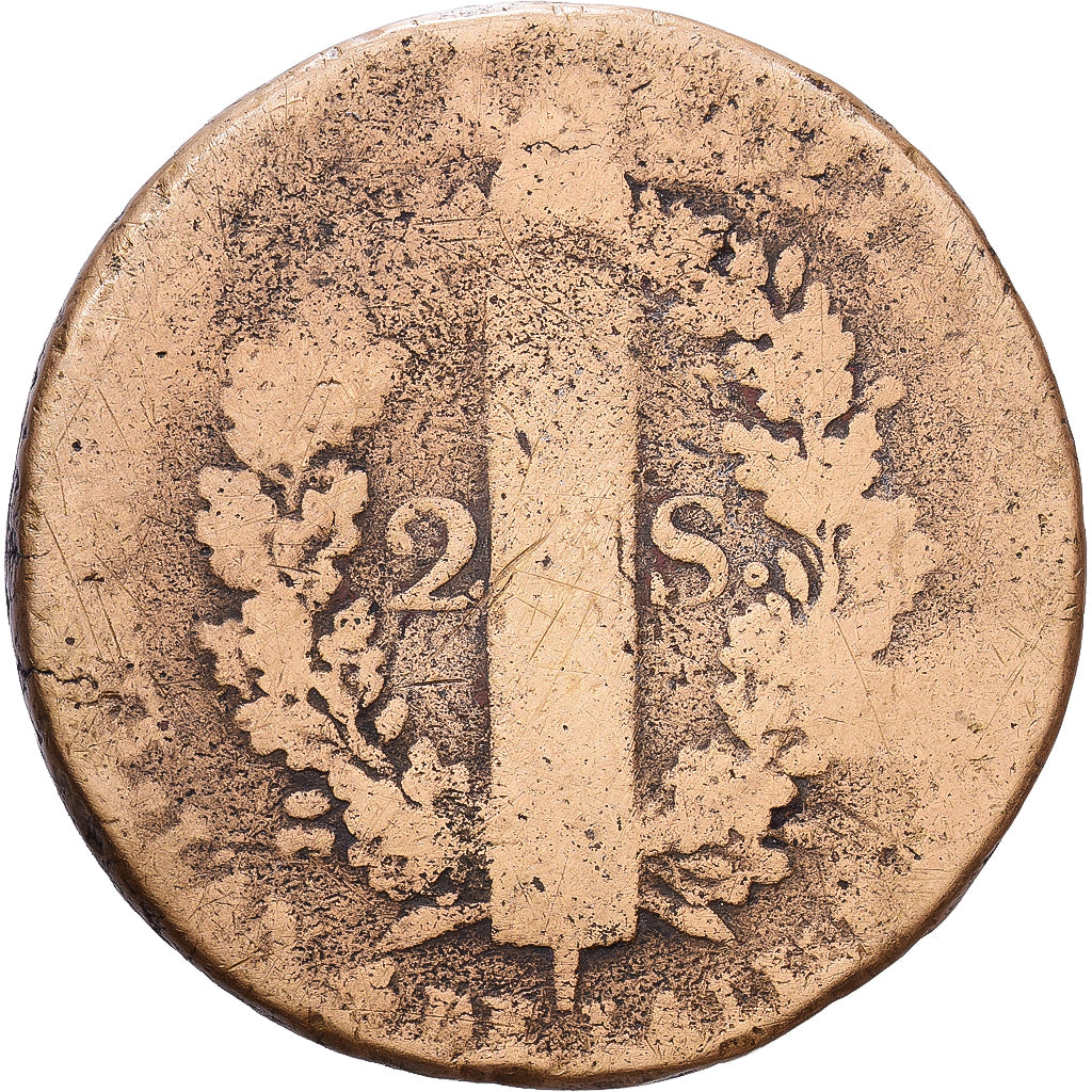 Francia, Constitution, 2 sols François, 1792, Paris, Métal de cloche, BC