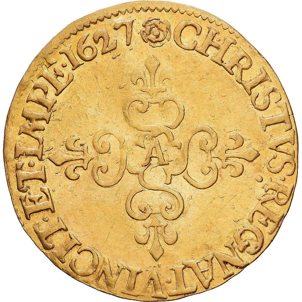 França, Louis XIII, Ecu d'or, 1627, Paris, Dourado, AU(55-58), Gadoury:55