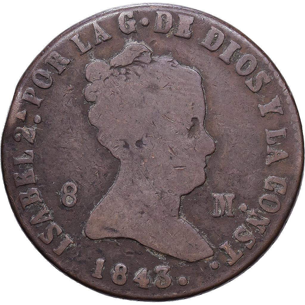 Spanje, Isabel II, 8 Maravedis, 1843, Segovia, Koper, ZG+, KM:531