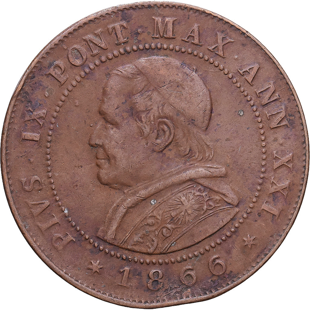 Papal States, Pius IX, 2 Soldi, 10 Centesimi, 1866, Rome, Cobre, BC+, KM:1373