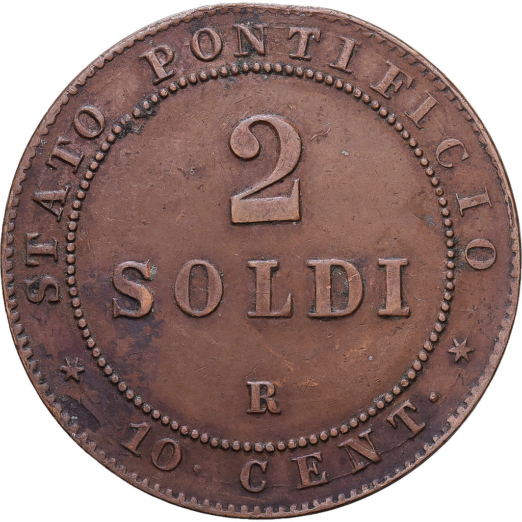 Papal States, Pius IX, 2 Soldi, 10 Centesimi, 1866, Rome, Cobre, BC+, KM:1373