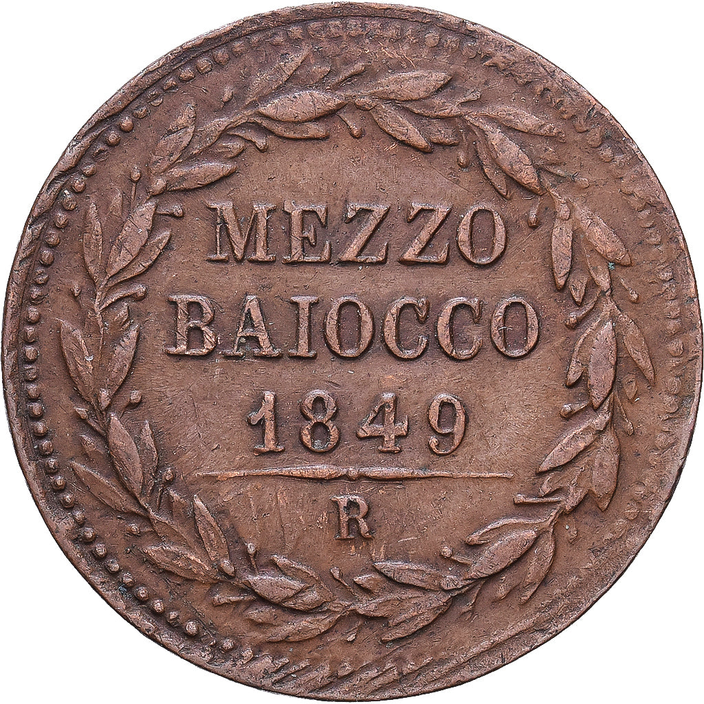 Papal States, Pius IX, Mezzo (1/2) Baiocco, 1849, Rome, Cobre, BC+, KM:1340