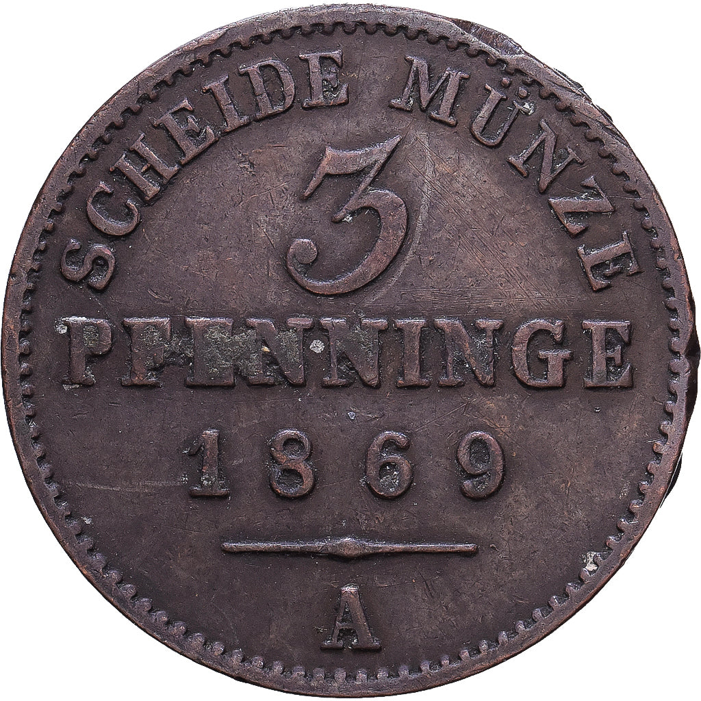 Royaume de Prusse, Wilhelm I, 3 Pfenninge, 1869, Berlin, Cuivre, TB+, KM:482