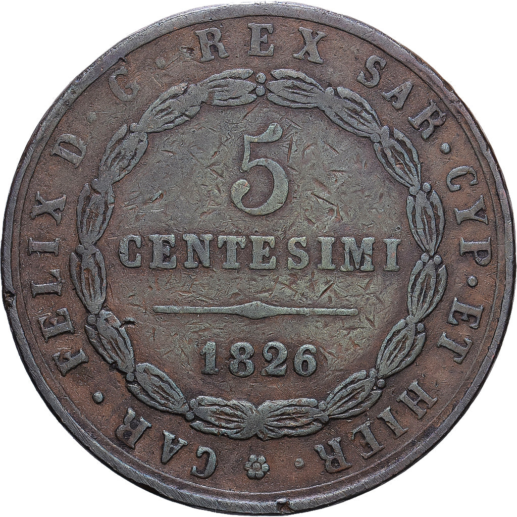 Kingdom of Sardinia, Charles Felix, 5 Centesimi, 1826, Torino, Copper