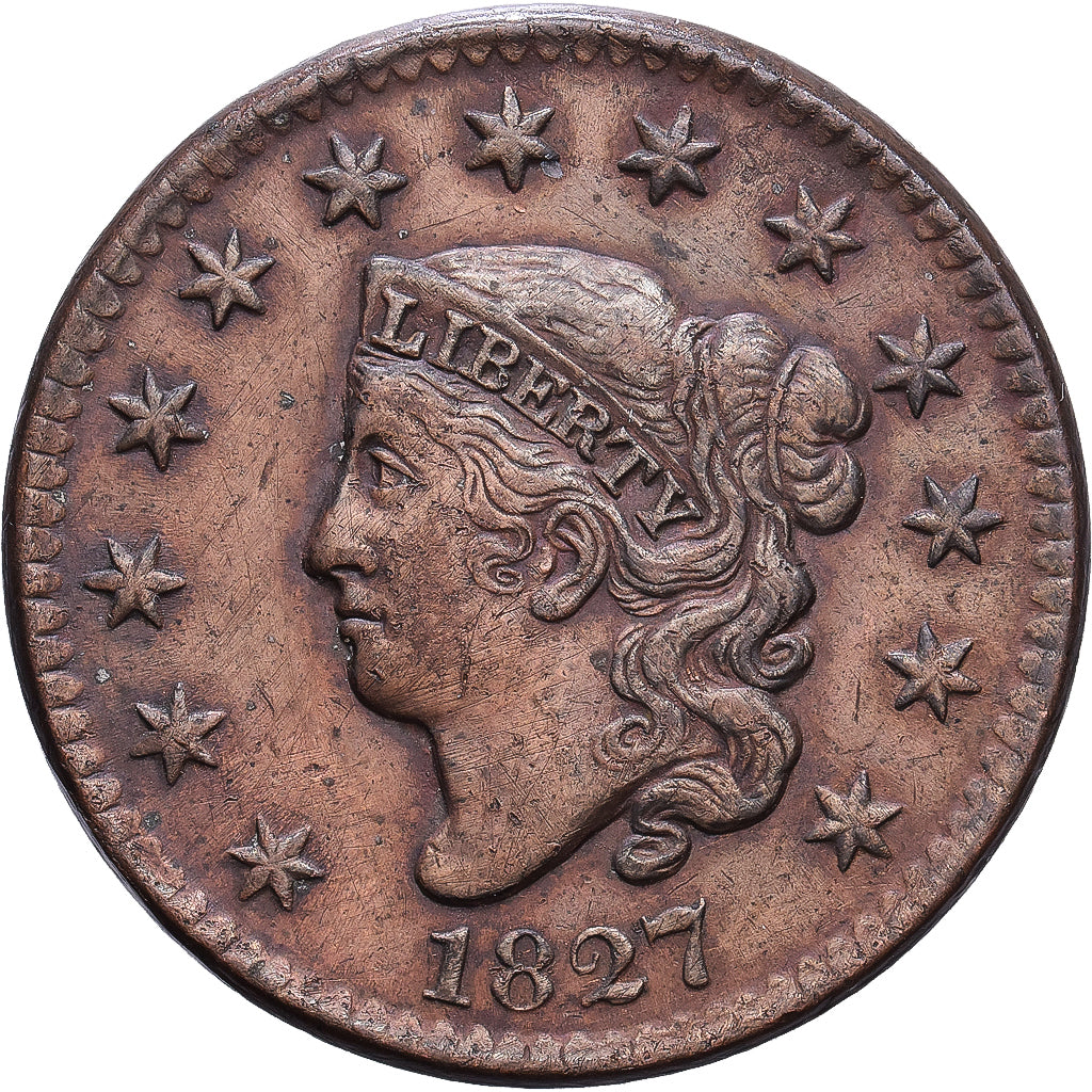 Vereinigte Staaten, 1 Cent, Coronet Head, 1827, Philadelphia, Kupfer, S+, KM:45