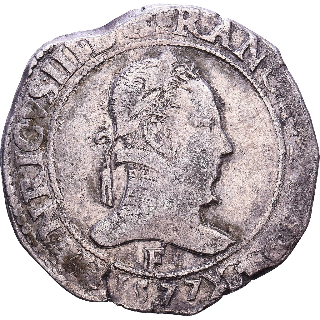 Francja, Henri III, Franc au Col Plat, 1577, Angers, Srebro, VF(20-25)
