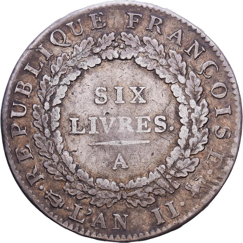 France, Convention, 6 Livres, Génie, 1793 / AN II, Paris, Argent, TTB
