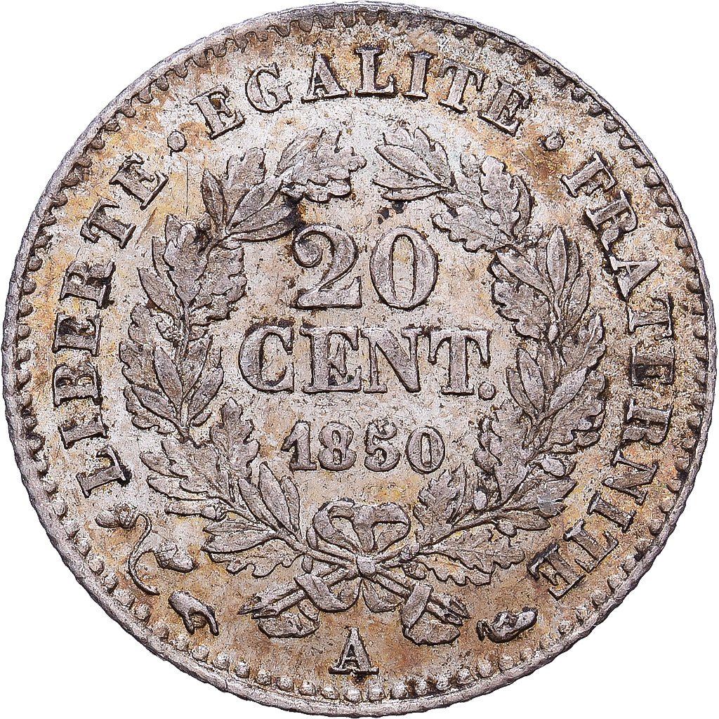 Francja, 20 Centimes, Cérès, 1850, Paris, Srebro, AU(55-58), Gadoury:303