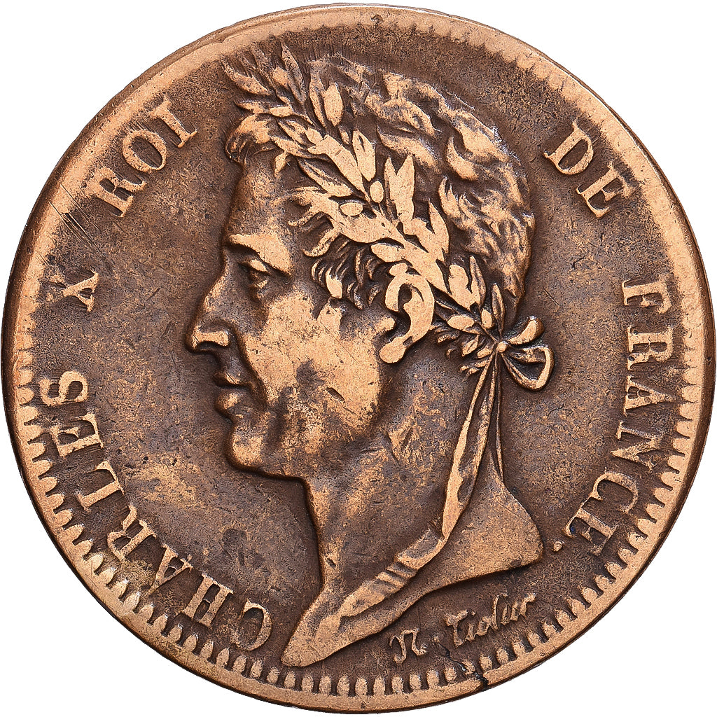 France, Charles X, 10 Centimes, 1827, La Rochelle, Bronze, EF(40-45)