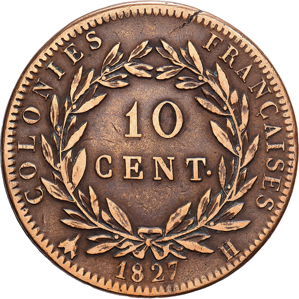 France, Charles X, 10 Centimes, 1827, La Rochelle, Bronze, EF(40-45)