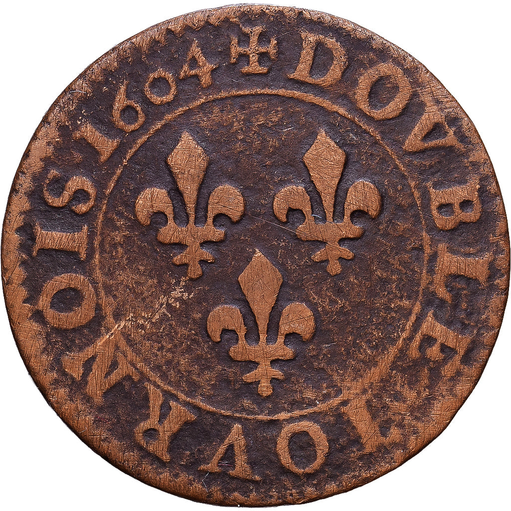 França, Henri IV, Double Tournois, 1604, Paris, Bronze, EF(40-45), Gadoury:538