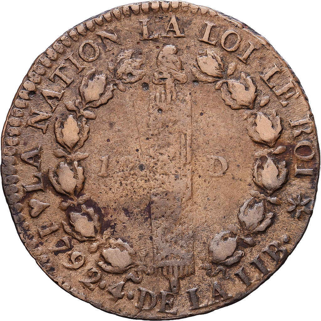 Francia, Louis XVI, 12 Deniers, 1792, Strasbourg, Métal de cloche, BC+