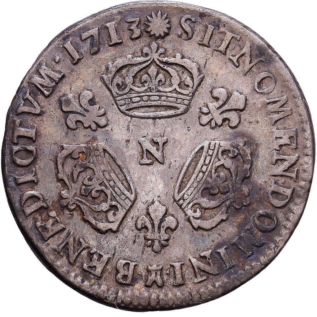 Francia, Louis XIV, 1/10 Écu aux 3 couronnes, 1713, Montpellier, Plata, BC+