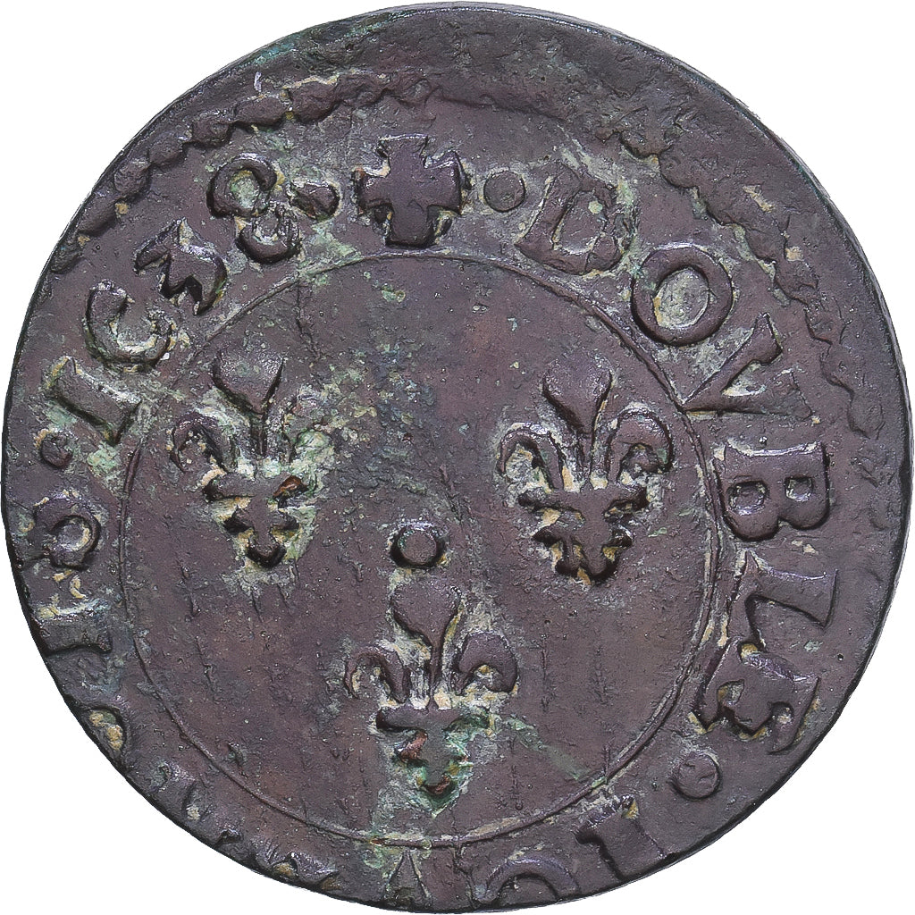 França, Louis XIII, Double Tournois, 1638, Bordeaux, Cobre, AU(50-53)