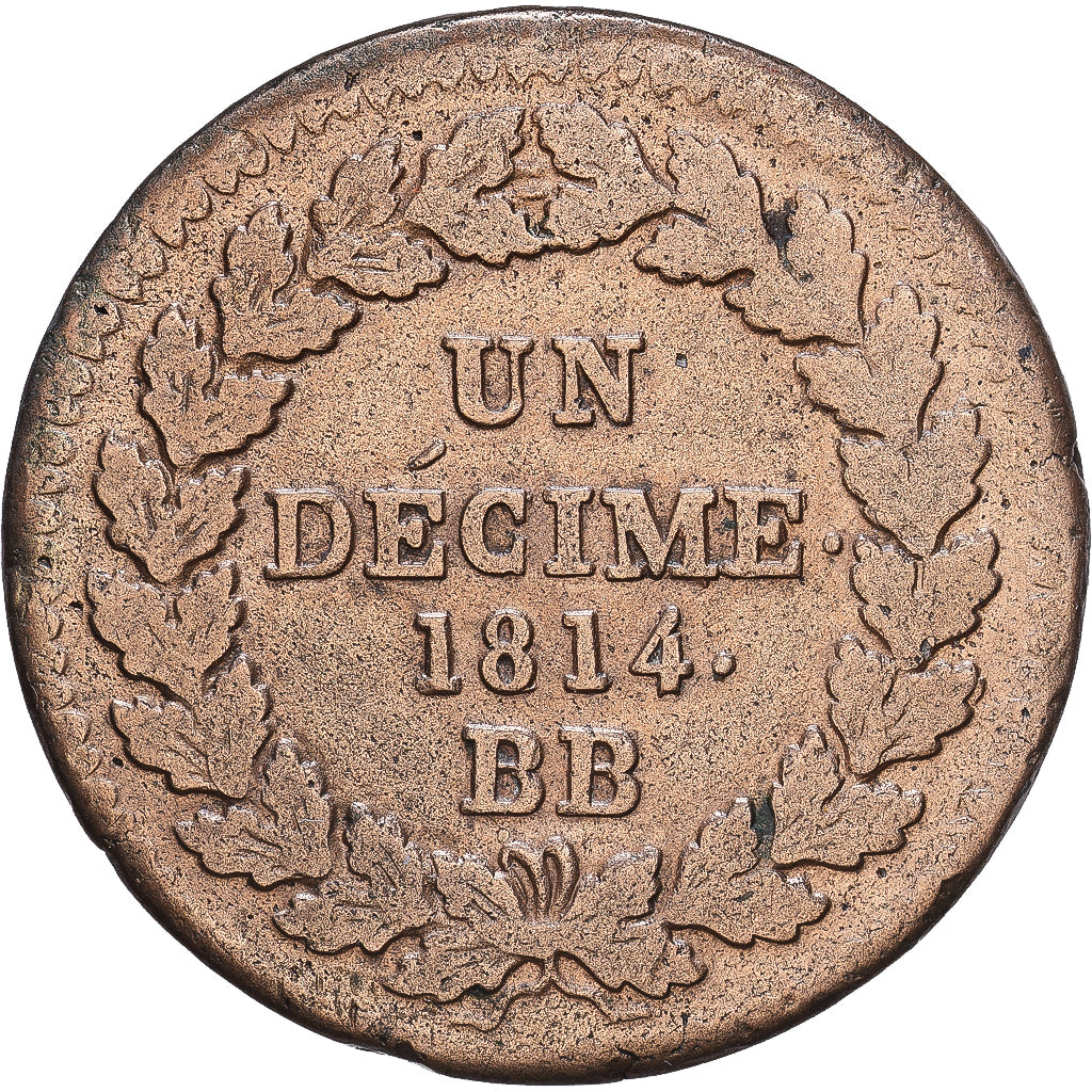 France, Louis XVIII, 1 Décime, 1814, Strasbourg, Bronze, TB