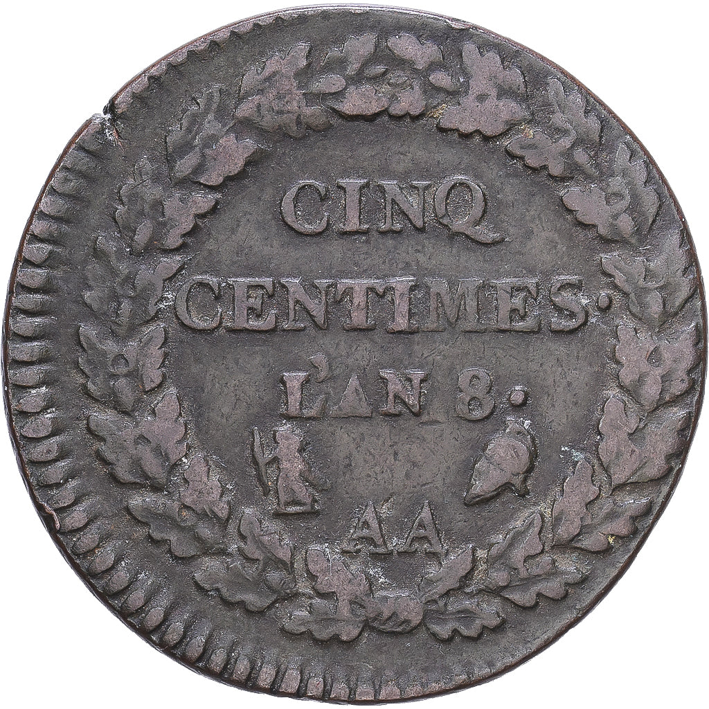 Francia, Directoire, 5 Centimes, Dupré, AN 8, Metz, Bronce, MBC, Gadoury:126a