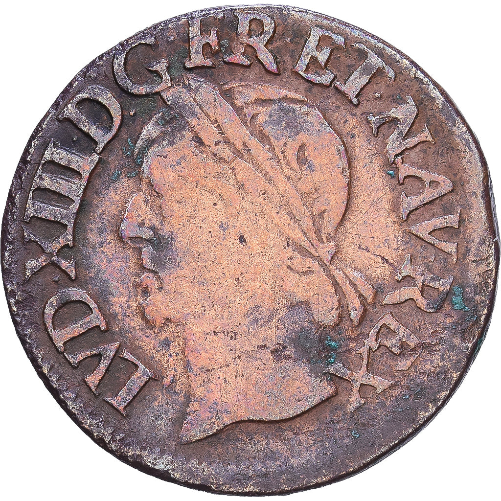 France, Louis XIII, Double tournois de Warin, 1643, Copper, VF(20-25)