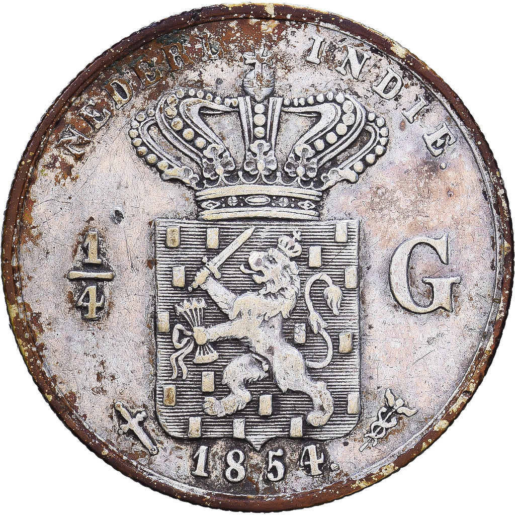 Dutch East Indies, William III, 1/4 Gulden, 1854, Utrecht, Silver, EF(40-45)
