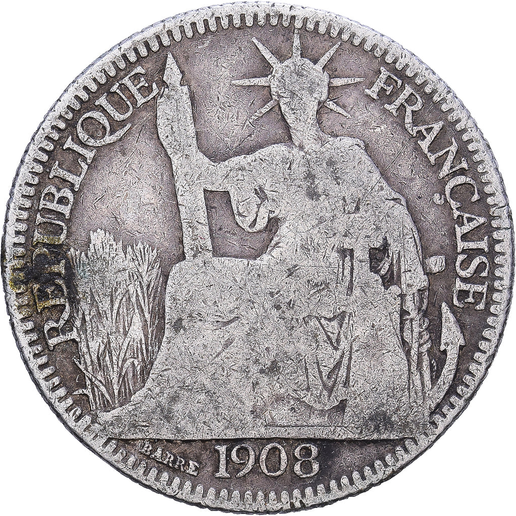 French Indochina, 10 Cents, 1908, MDP, Silver, VF(20-25), KM:9